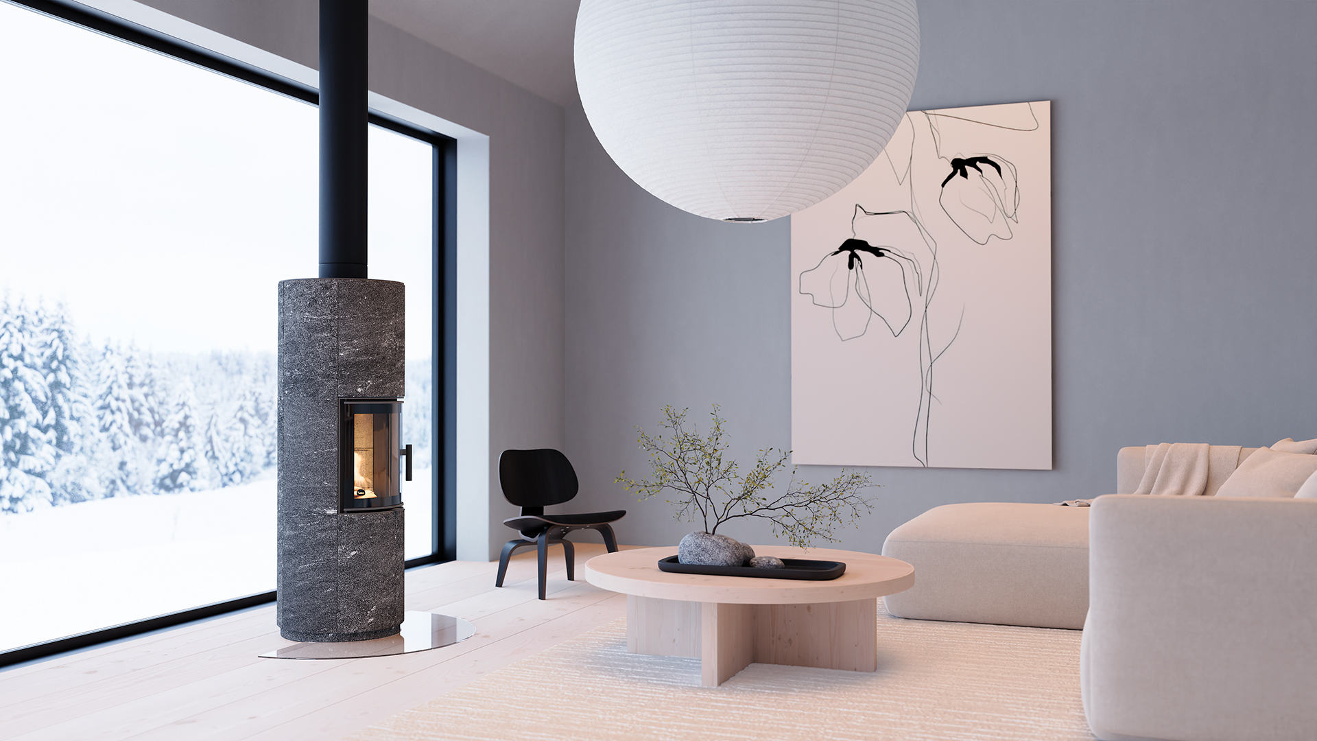 Un poêle de masse Tulikivi Jero en stéatite dans un salon minimaliste aux murs blancs. Le feu brûle vivement derrière la vitre, créant une ambiance chaleureuse.